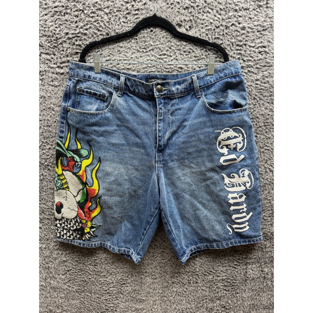 Ed Hardy Fire Cobra Skater Denim Short 2K Wash Mens‎ Size 38